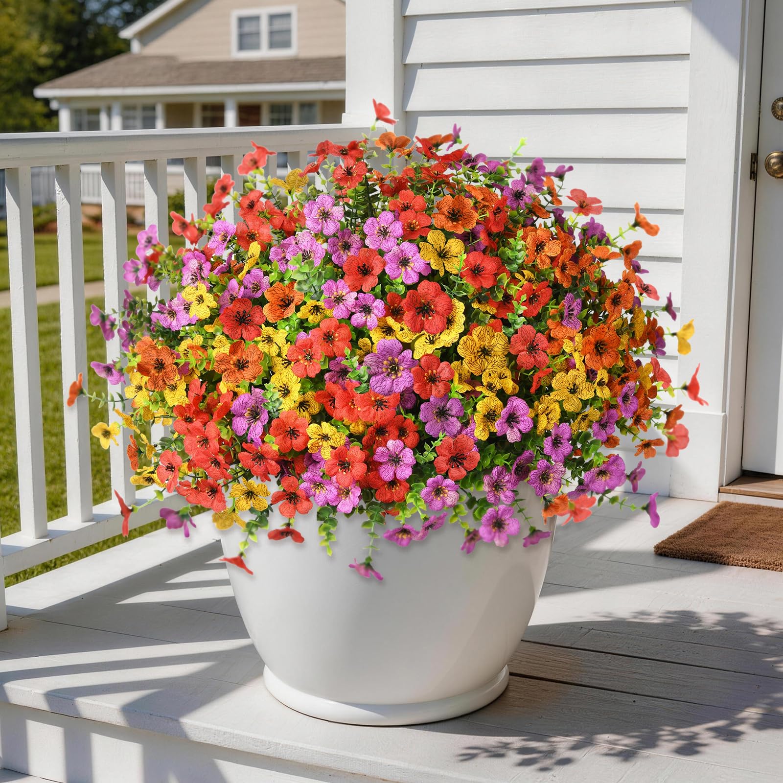 Homsunny Artificial Fake Flowers Faux Plants for Outdoors, 9 Bundles Silk Flowers Outside Decor, Faux Daisy Eucalyptus Realistic UV Resisitant for Planter Front Porch Garden Patio