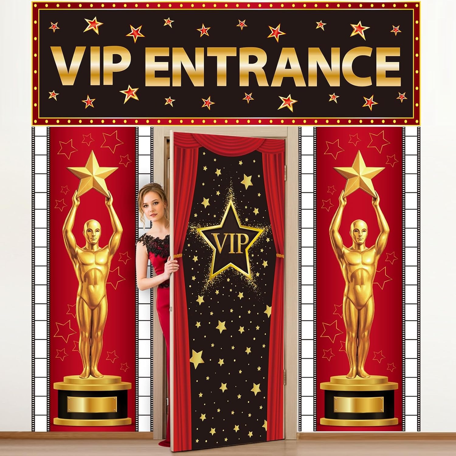 WovWeave 4 Pcs VIP Entrance Party Door Decoration Set Red Carpet Awards Night Door Covers Movie Theme Backdrop for Movie Theme Event Prom Photography Entrance Photo Background Decoration
