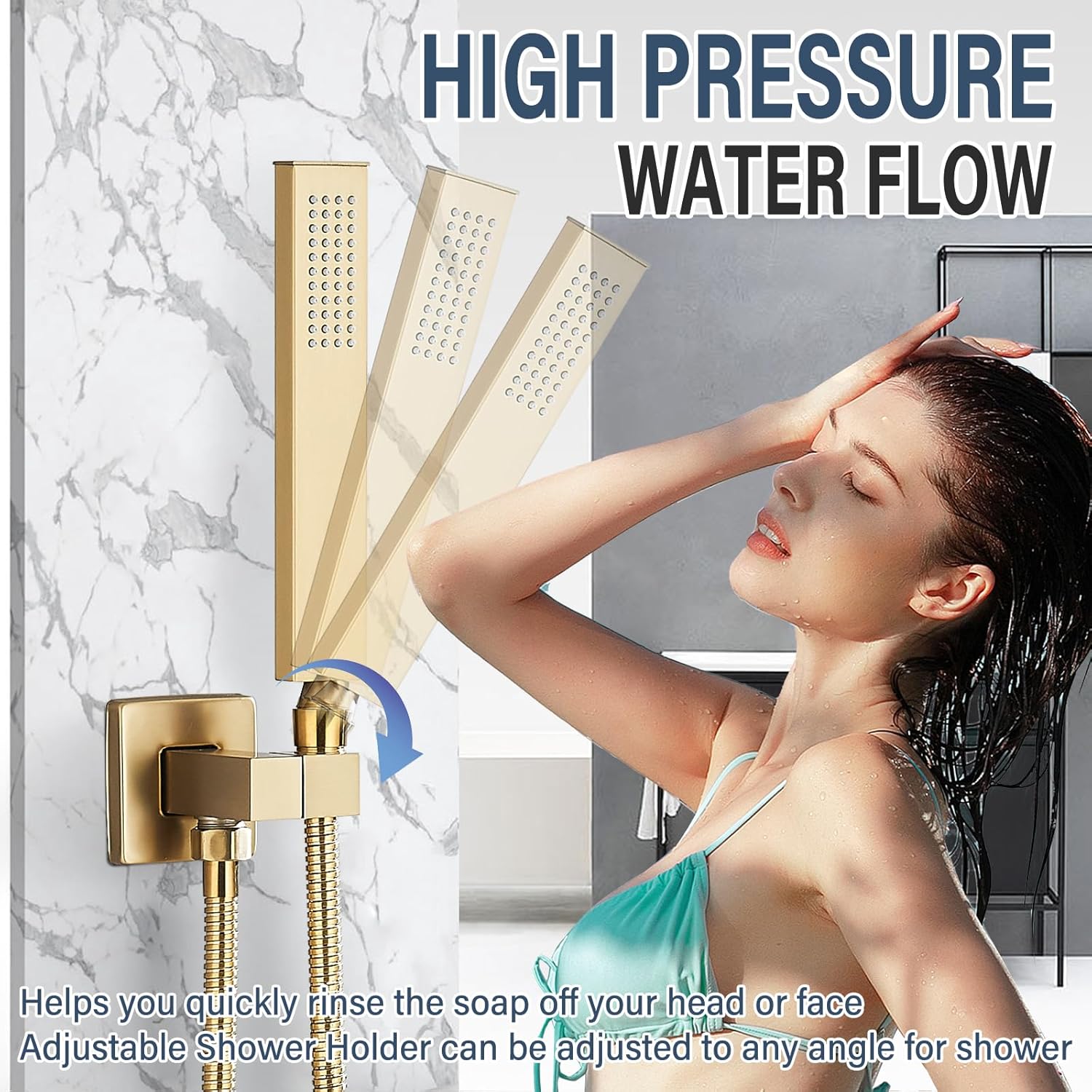 Brushed Gold Rain Shower System with 12 Inch LED Shower Head and Brass Handheld with Brass Valve and Trim Kit Shower Faucets Sets Complete