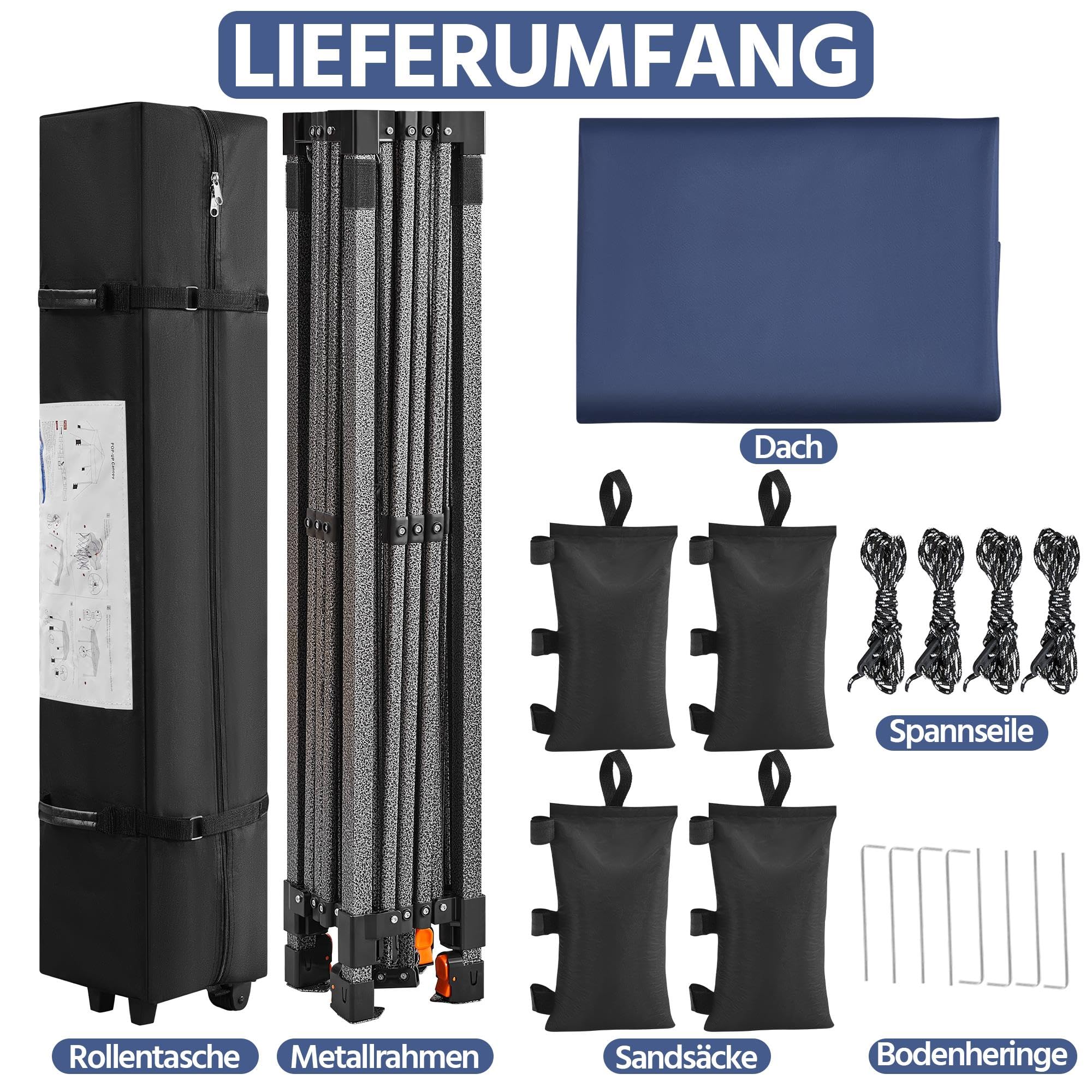 Yaheetech 3x3m Gartenpavillon Höhenverstellbar Pop Up Pavillon, Navy Blau | Faltpavillon Wasserdicht Stabil Faltzelt inkl. Tasche & 4 Sandsäcke UV-Schutz 50+ Campingpavillon für Garten Camping