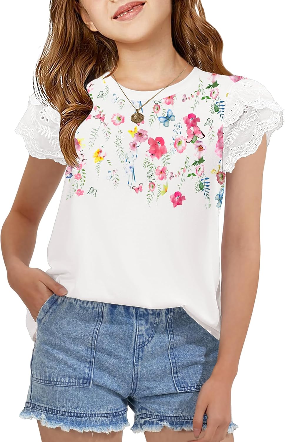 Arshiner Girls T Shirts Lace Petal Short Sleeves Kids Crewneck Casual Blouse Summer Tops Tees