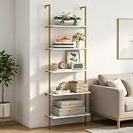 Wolawu Ladder Shelf 6 Tiers Marble White Modern Bookshelf Open Tall Wall Mount Bookcase Standing Leaning Wall Shelves Industrial Decorative Living Room Bed Room