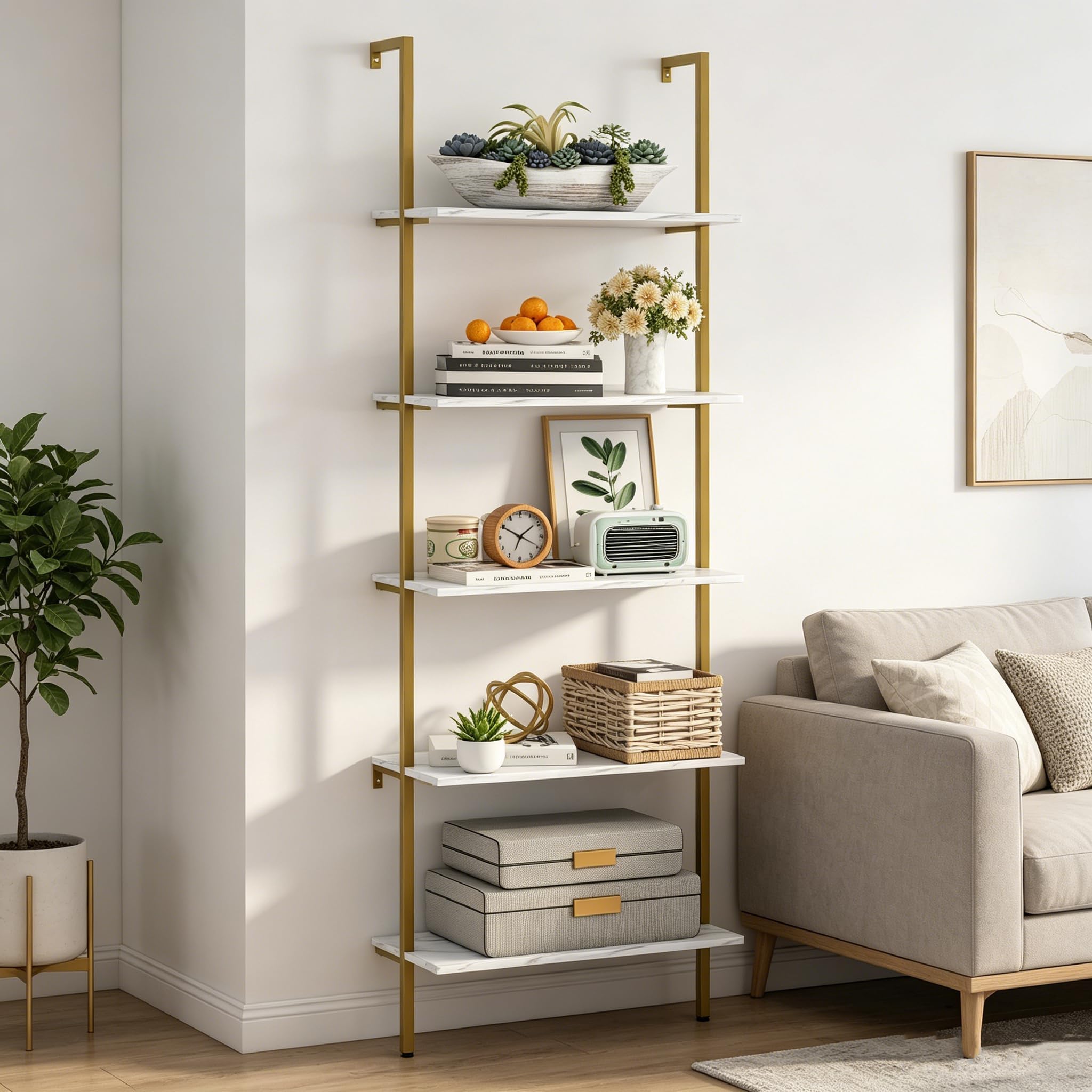 Wolawu 5 Tiers Ladder Shelf White Marble Modern Bookshelf Open Tall Wall Mount Bookcase Standing Leaning Wall Shelves Industrial Decorative