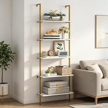 Wolawu 5 Tier Ladder Shelf White Marble Modern Bookshelf Open Tall Wall Mount Bookshelf Standing Slanted Wall Shelf Industrial Decor