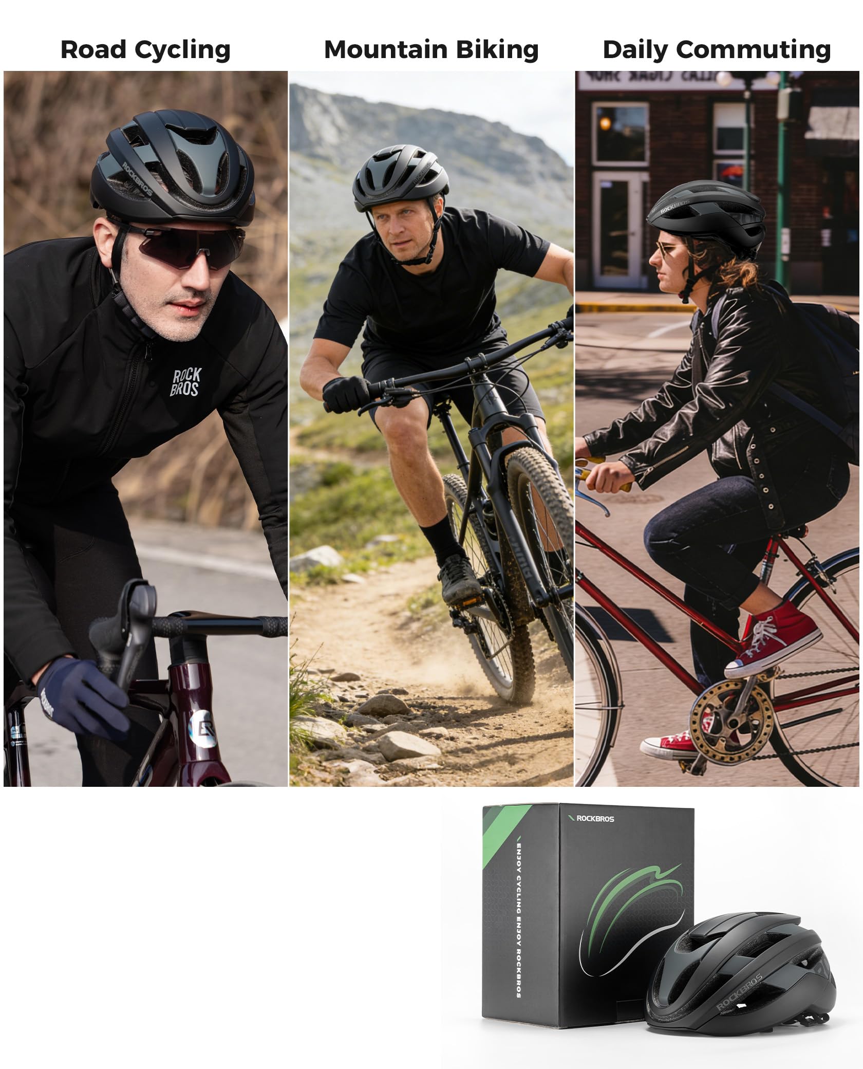 ROCKBROS Casco da Ciclismo Uomo Donna, Casco per Bici MTB, Protezione PC+EPS, Fodera ionic+, Traspirante Leggero, Certificato CE, Circonferenza 54-62 cm