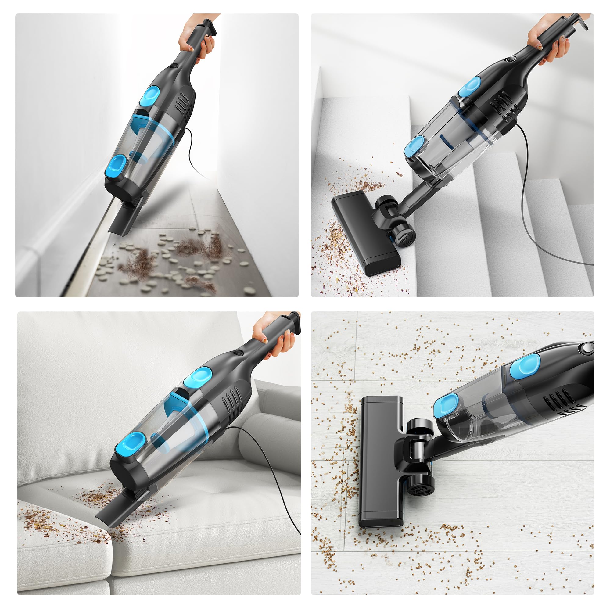 Aspirapolvere con Filo, Scopa Elettrica con Filo Potente 20Kpa 600W, 3 in 1 Aspirapolvere Portatile con Cavo Lungo 5m, Aspirapolvere senza Sacco Leggero Antigroviglio per Peli di Animali Tappeti