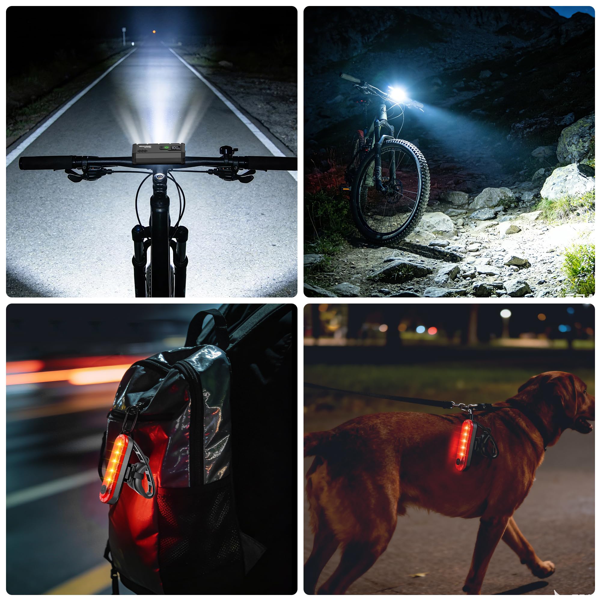 Luci per bici super luminose per guida notturna, luce LED ricaricabile USB per bicicletta con display LCD, nessuna potenza indovinata, faro anteriore e posteriore impermeabile ad alta