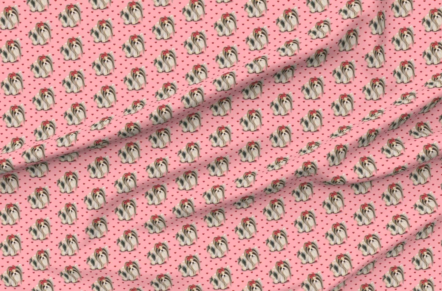 Spoonflower Fabric - Biewer Yorkie Pink Hearts Yorkshire Dog Puppy Printed on Organic Cotton Sateen Fabric by The Yard - Sewing Quilting Apparel Home Decor
