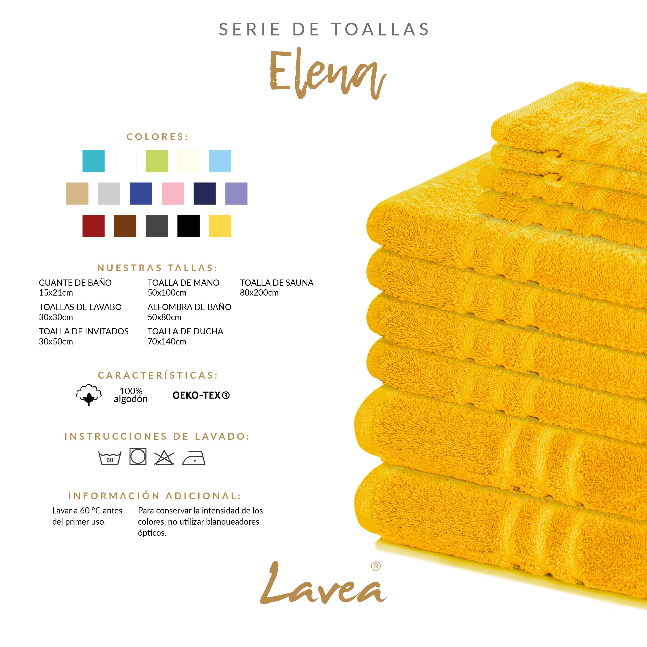 Lavea® Juego de 20 Guantes de Baño 15x21 cm de Rizo 100% Algodón - Suaves y Absorbentes – Manopla de Baño con Gancho para Casa, Hotel y SPA - Amarillo Colza