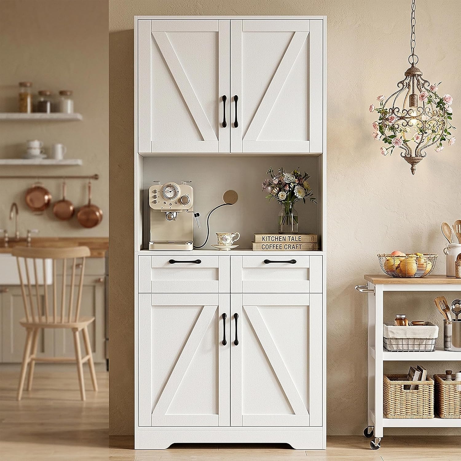Tall Kitchen Pantry Cabinet with 2 Drawers, White Hutch Storage Cabinet with Microwave Stand for Living Room, Kitchen Cupboard Coffee Bar Cabinet with Countertop