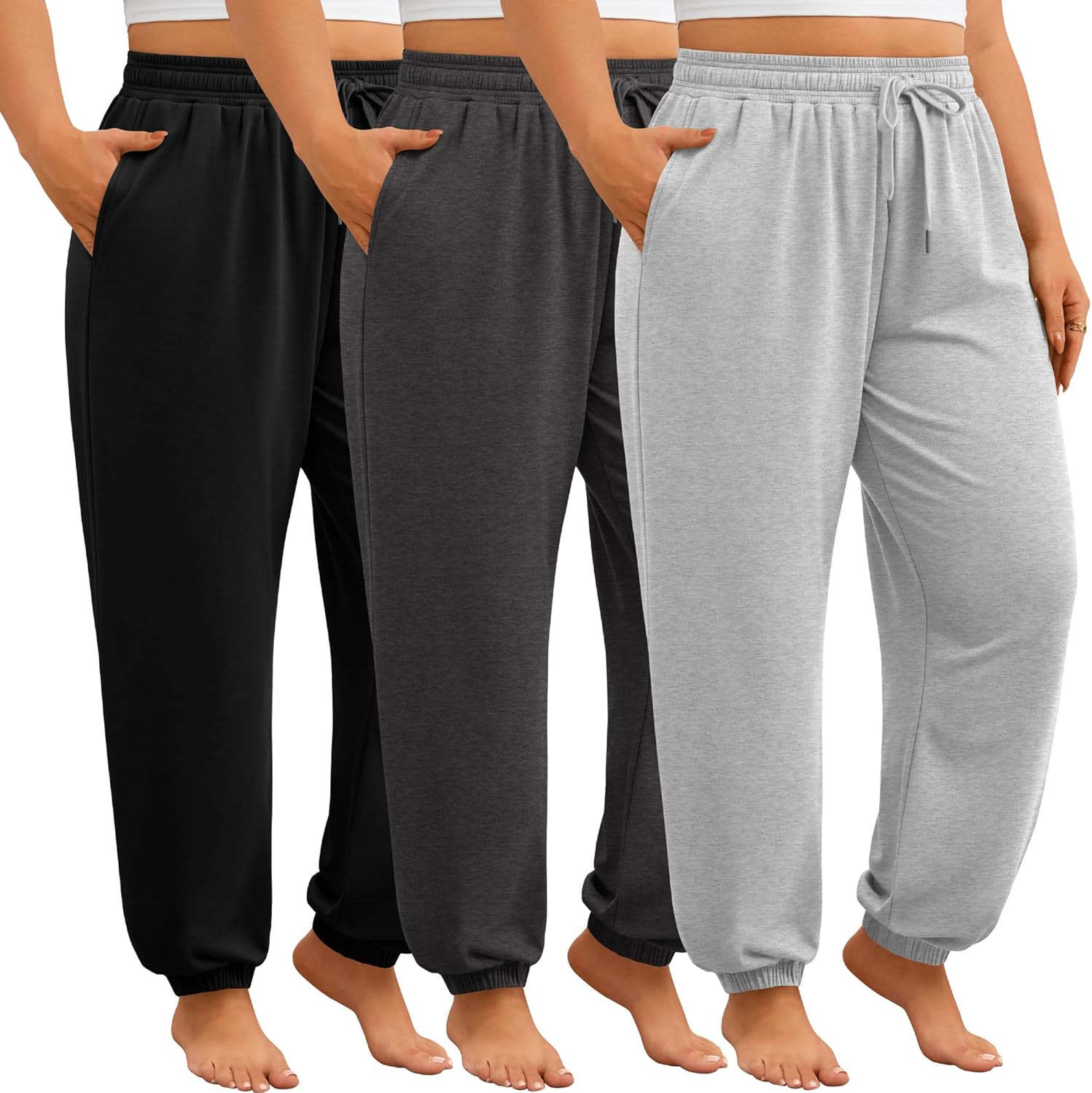 3 Pack Women's Plus Size Sweatpants, Drawstring Loose Fit Joggers Pants Comfy Casual Athletic Pants with Pockets