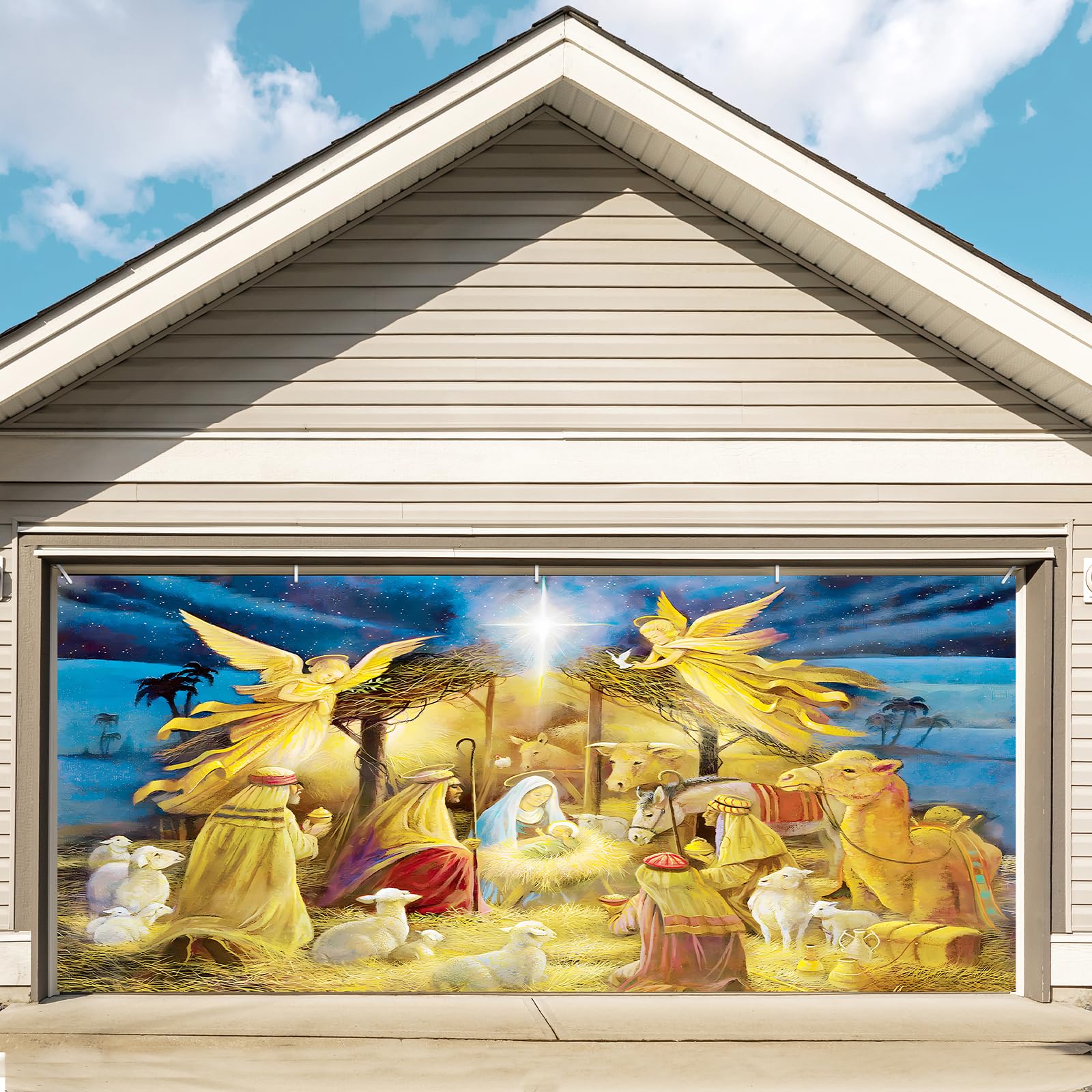 Christmas Garage Door Decorations 6 x 15 ft Large Christmas Nativity Scene Christmas Garage Door Banner Murals Cover Backdrop Background Sign for Christmas Holiday Party (Style 5)