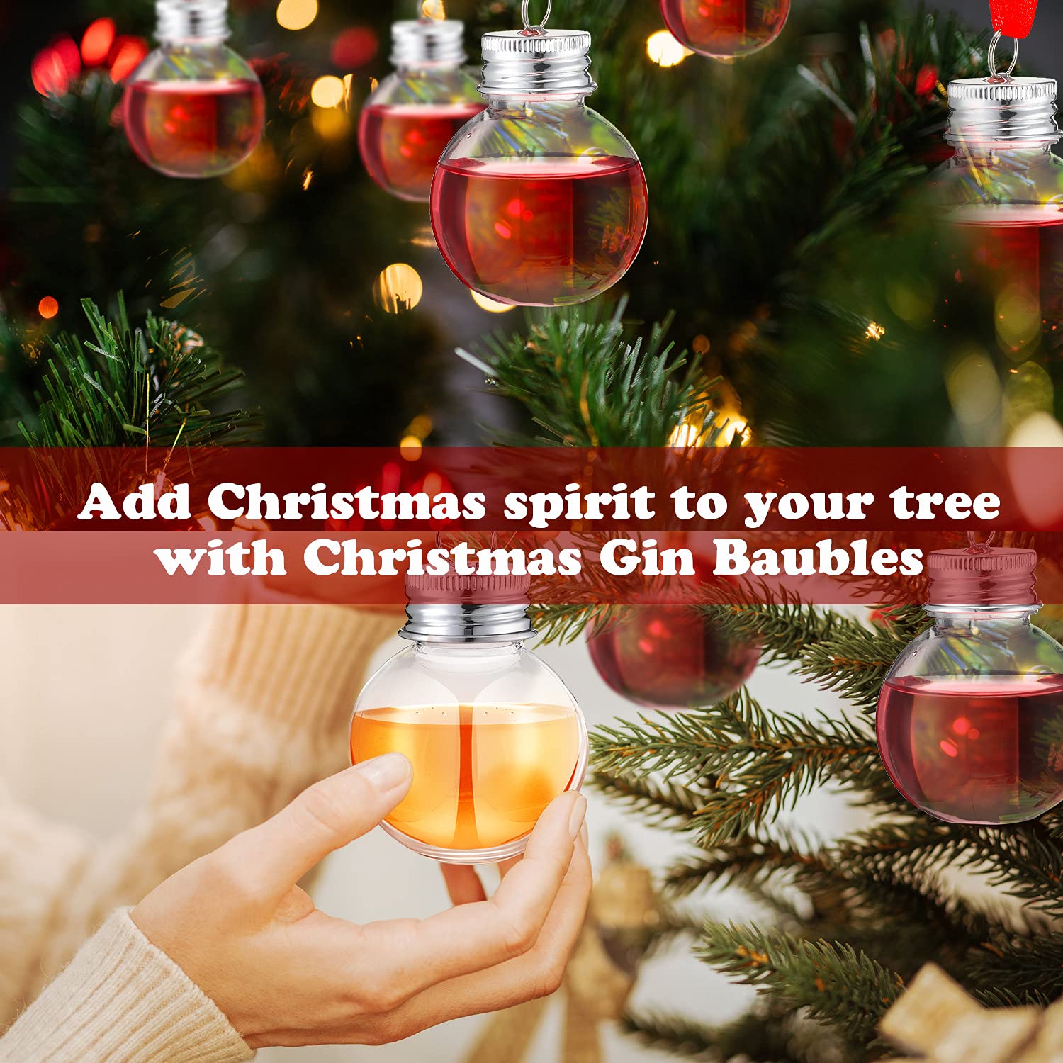 Patelai Lot de 18 Boules de Noël en Forme de Verre à Liqueur en Plastique à remplir pour Sapin de Noël - Bouteilles d'eau pour fêtes de Fin d'année - Intérieur et extérieur (Couvercle argenté)