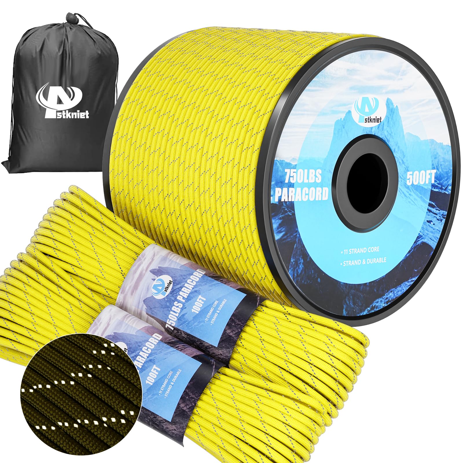 750Ib Reflective Paracord Rope,100' 200' 500' 1000', 4mm 11 Strand Parachute Spool Cord with Collecting Bag, para Cord Lanyard for Hammock, Camping