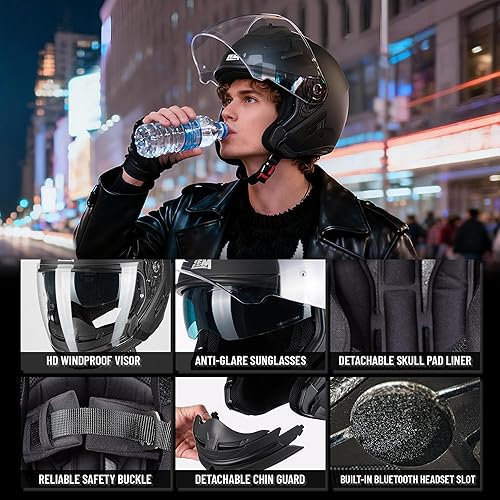 Miniatura 6 de LEM Cascos modulares de motocicleta para adultos, cascos de motocicleta de cara completa para hombres, protector de barbilla desmontable, aprobado