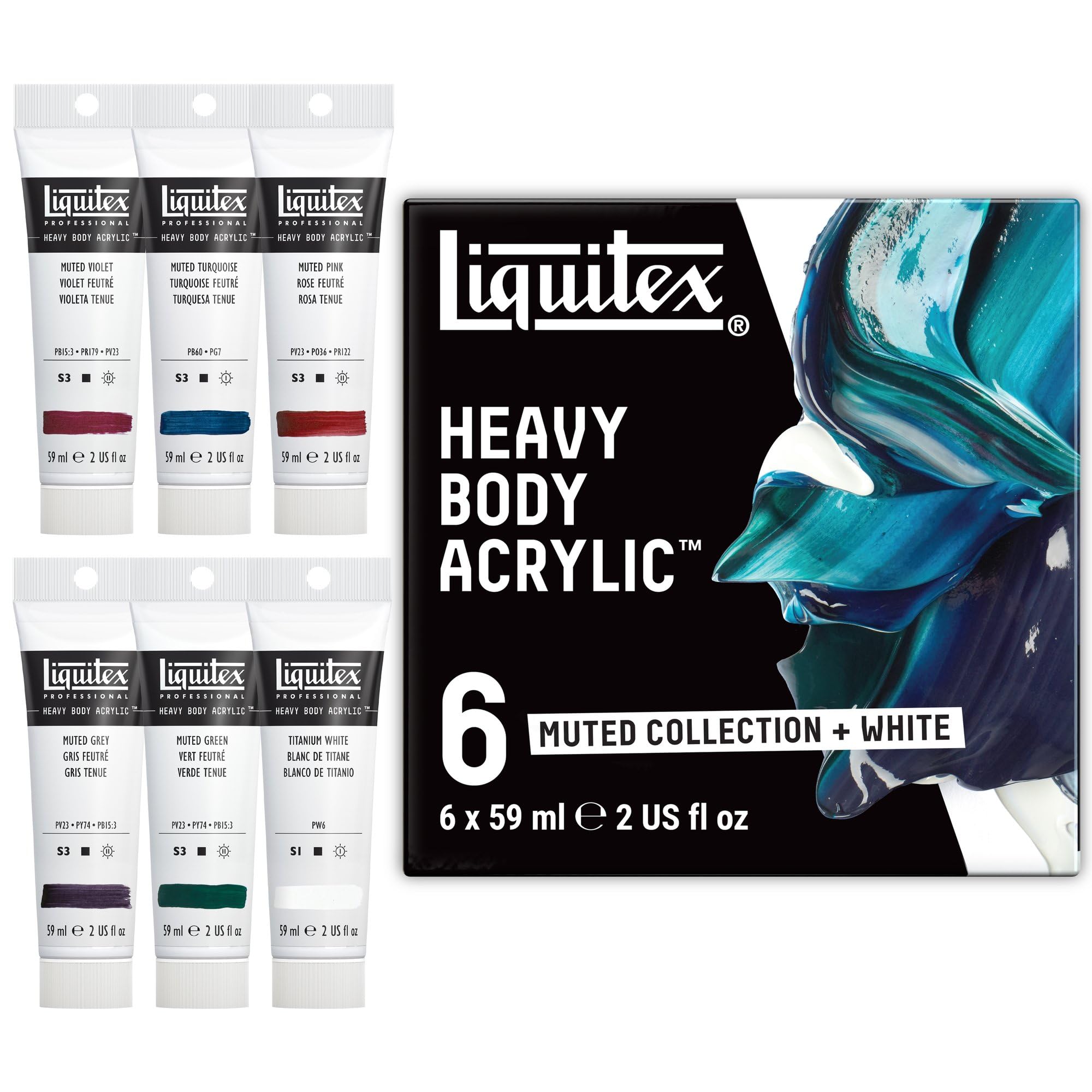 Liquitex 3699356 Professional Heavy Body Acrylfarbe in Künstlerqualität mit ausgezeichneter Lichtechtheit in buttriger Konsistenz, Farbenset - 6 Farben in 59ml gedämpfte Töne & Weiß