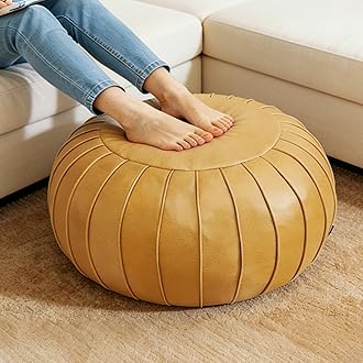 Thgonwid Handmade Storage Pouf Ottoman Foot Stool - Faux Suede Round Floor Cushion 21.6"x13" for Living Room, Bedroom, Wedding Decor, Unstuffed (Yellow)