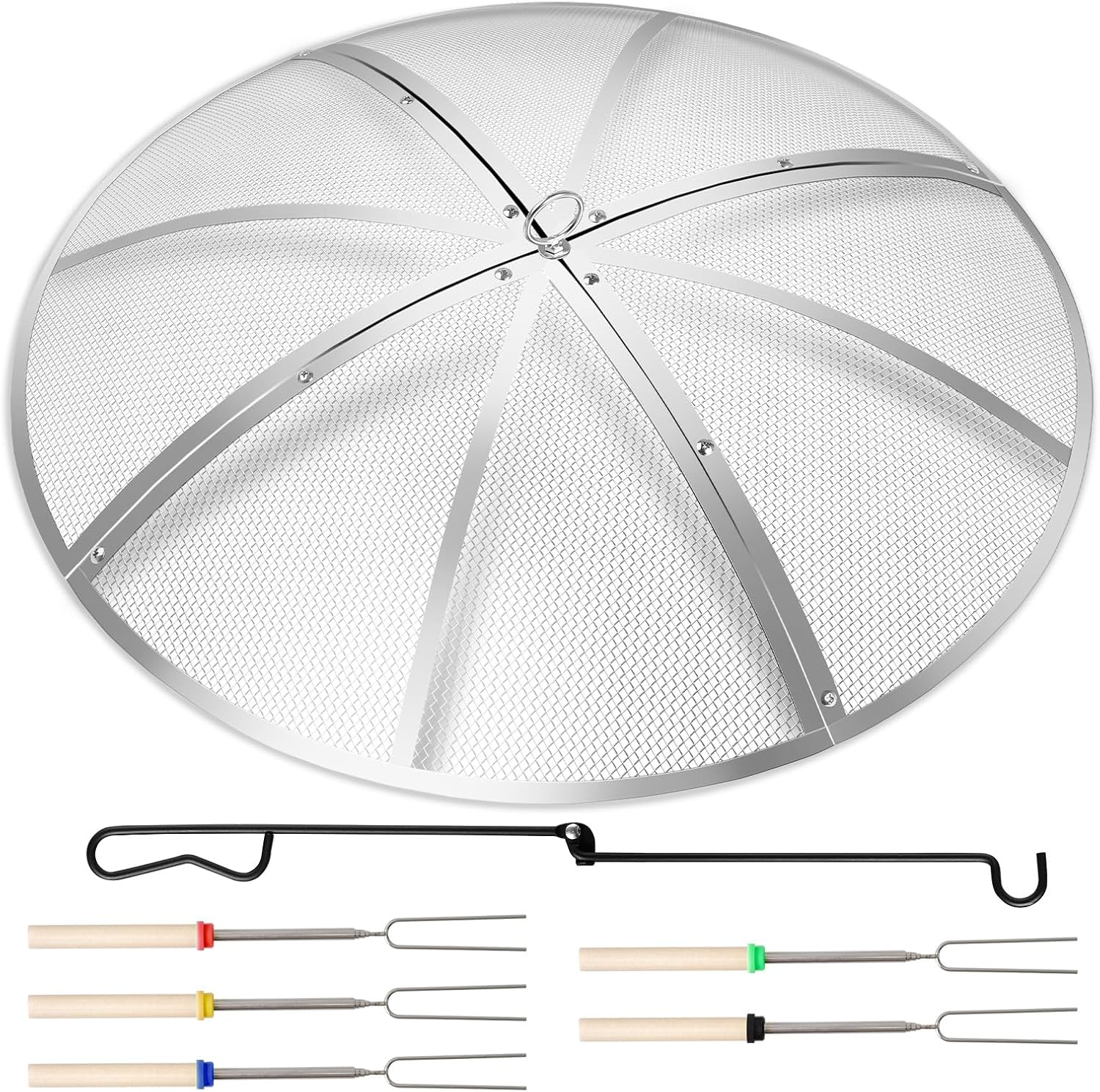 Fire Pit Spark Screen 36 Inch Round, Heavy Duty Stainless Steel Outdoor Fire Pit Screen Cover with Foldable Hook & Marshmallow Sticks, Mesh Spark Protector for Backyard, Camping, Beach Stainless Steel 36-Inch