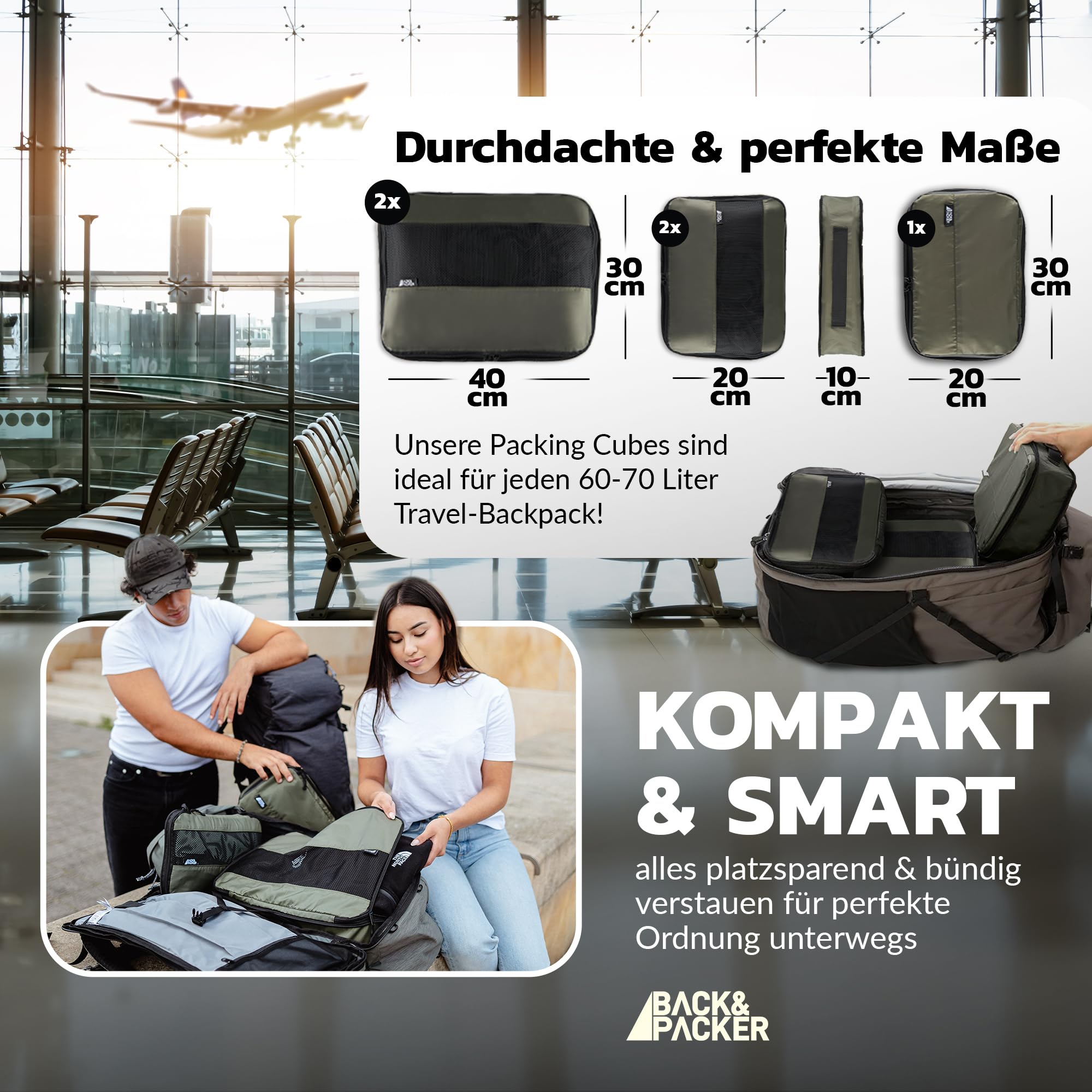 BACK&PACKER® Organizer da viaggio con compressione, set da 6 pezzi in materiale riciclato per zaino e valigia, verde oliva