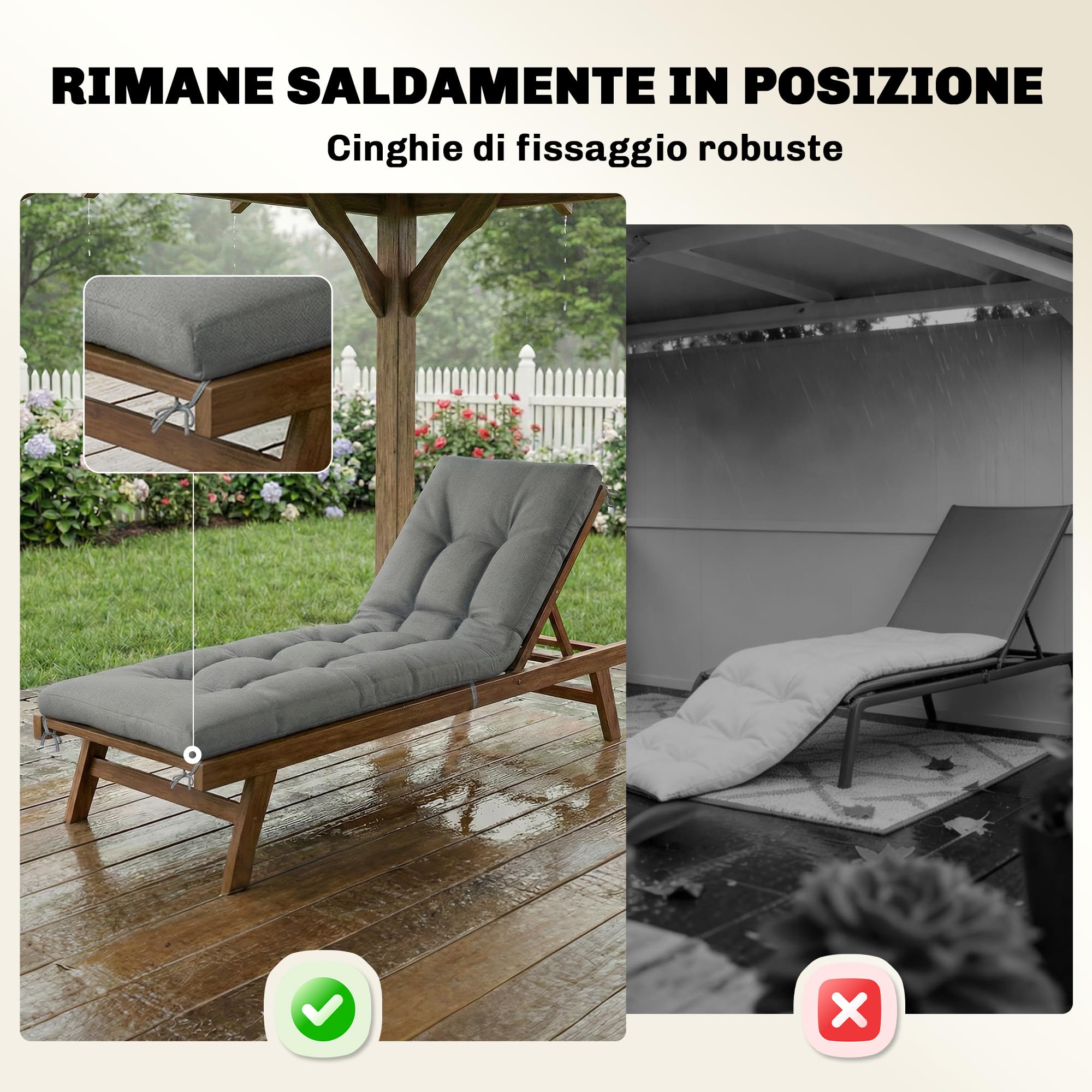 Outsunny Cuscino per Poltrona da Patio, UV50+ con Cinghie di Fissaggio, 198x65x13 cm, Grigio Chiaro