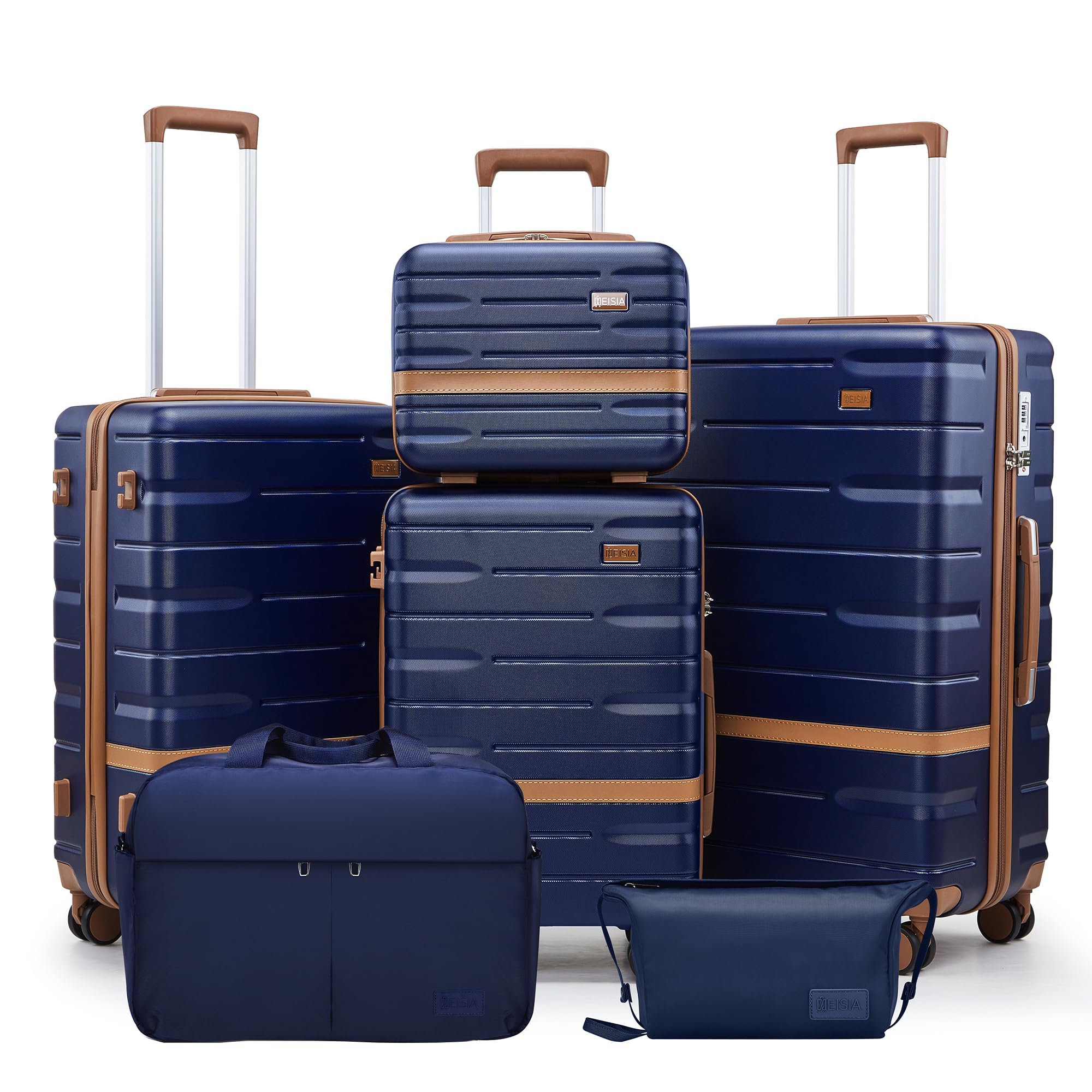 NEISIA Luggage Sets with TSA Lock Hardside PC+ABS Carry On expandable Suitcase with Spinner Wheels Lightweight Rolling Travel Luggage Sets with YKK (Navy, 6 piece sets（14/20/24/28/DB/TB）)