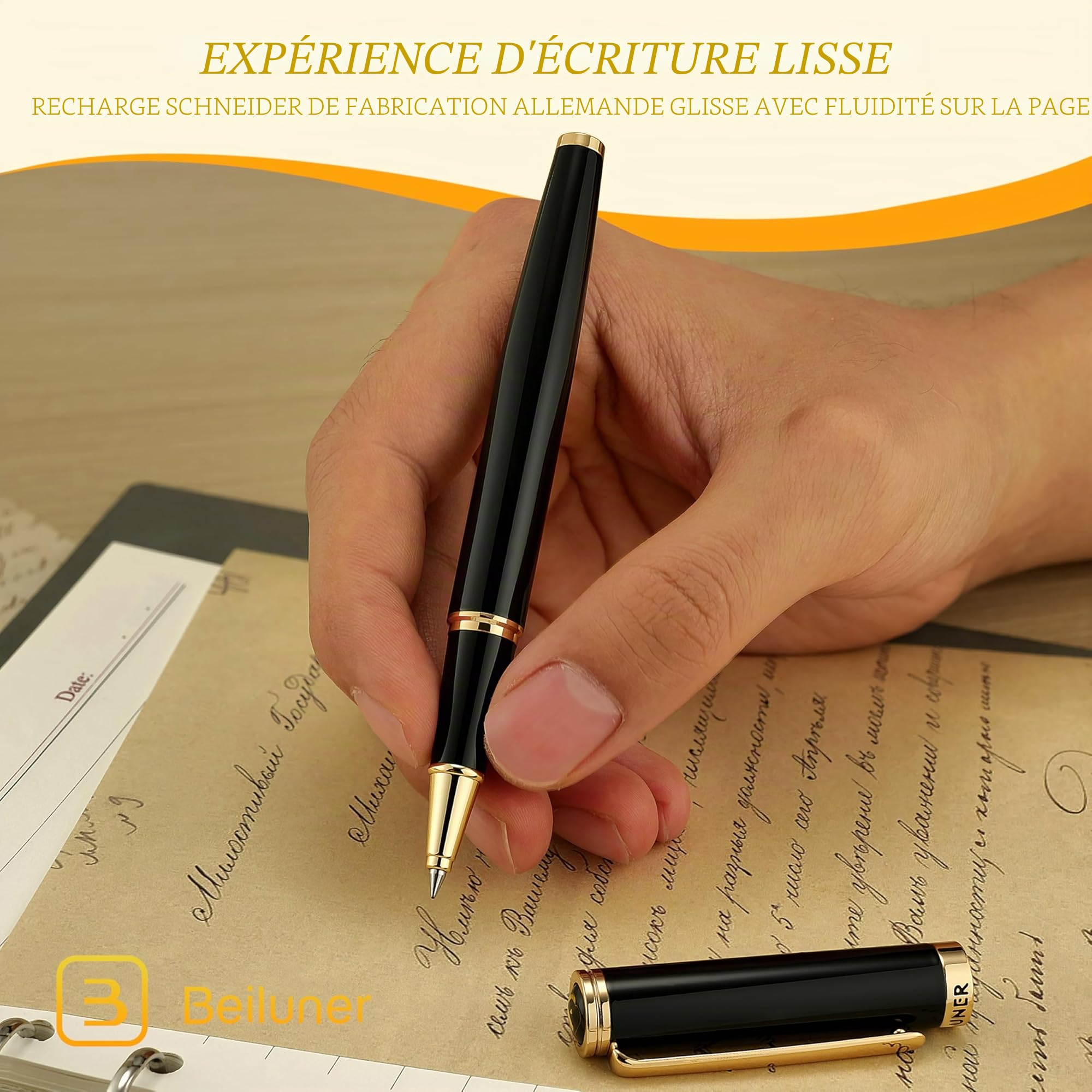 BEILUNER Stylo Bille Luxe, Finitions Or 24K, Design Noble et Élégant, Recharge Schneider, Set-Cadeau Hommes/Femmes, Professionnel, Bureau, Belle Stylo (Noir & Or)