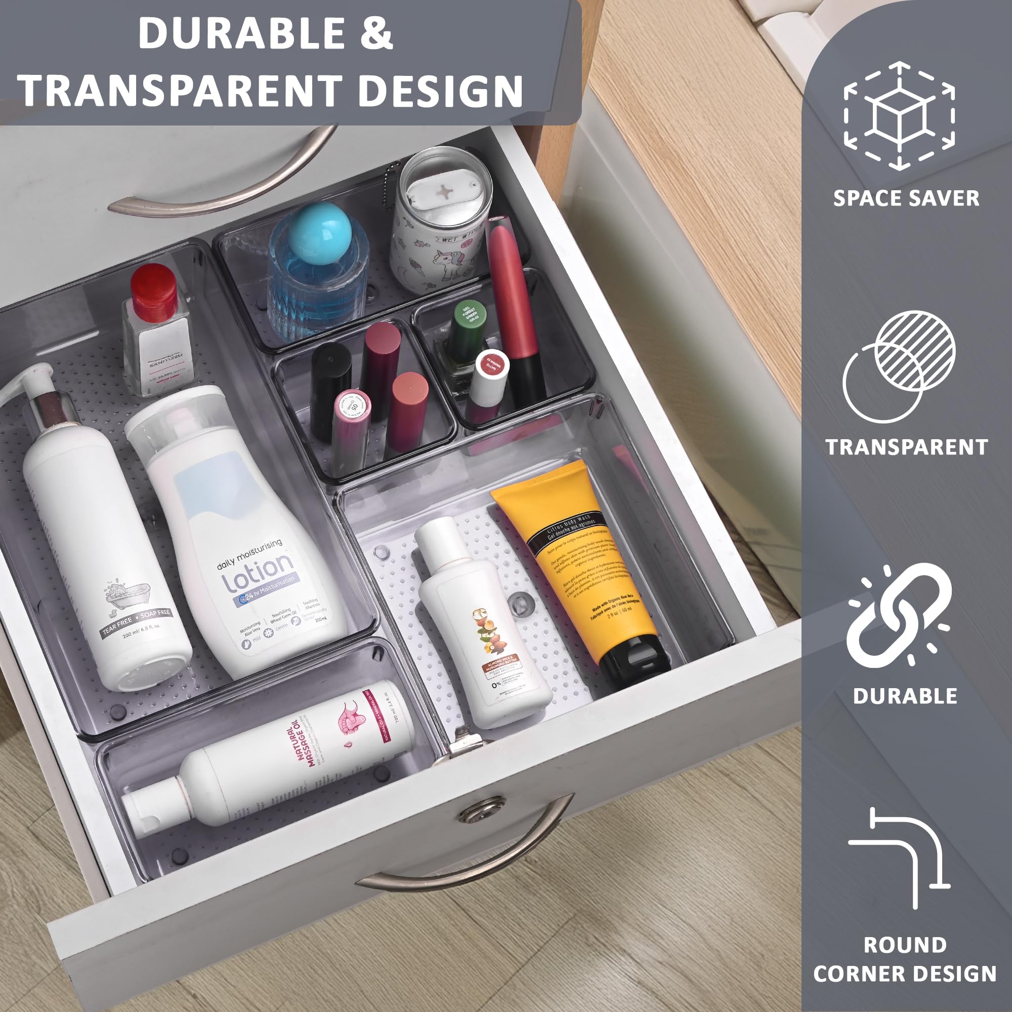 Kuber Industries 24 vassoi organizer per cosmetici in acrilico trasparente, organizer per cucina, ufficio e bagno, per trucchi, cancelleria, cassetto divisorio, nero