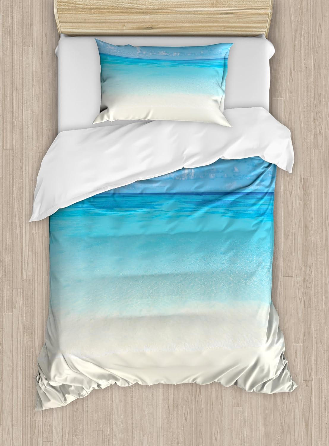 Ambesonne Ocean Duvet Cover Set, Paradise Coast in Tropical Caribbean Sea Sky View Beach House Theme, Decorative 2 Piece Bedding Set with 1 Pillow Sham, Twin Size, Cream Navy Twin Cream Navy