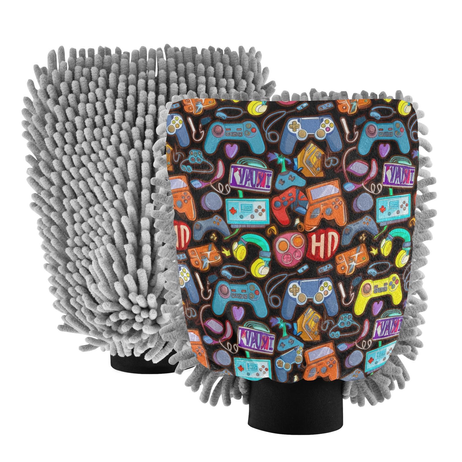 STAYTOP Cartoon Gamepad Controller Car Wash Mitt Microfiber, 2Pcs Scratch Free Lint-Free, Premium Chenille Microfiber Mitt Car Wash Brush-M