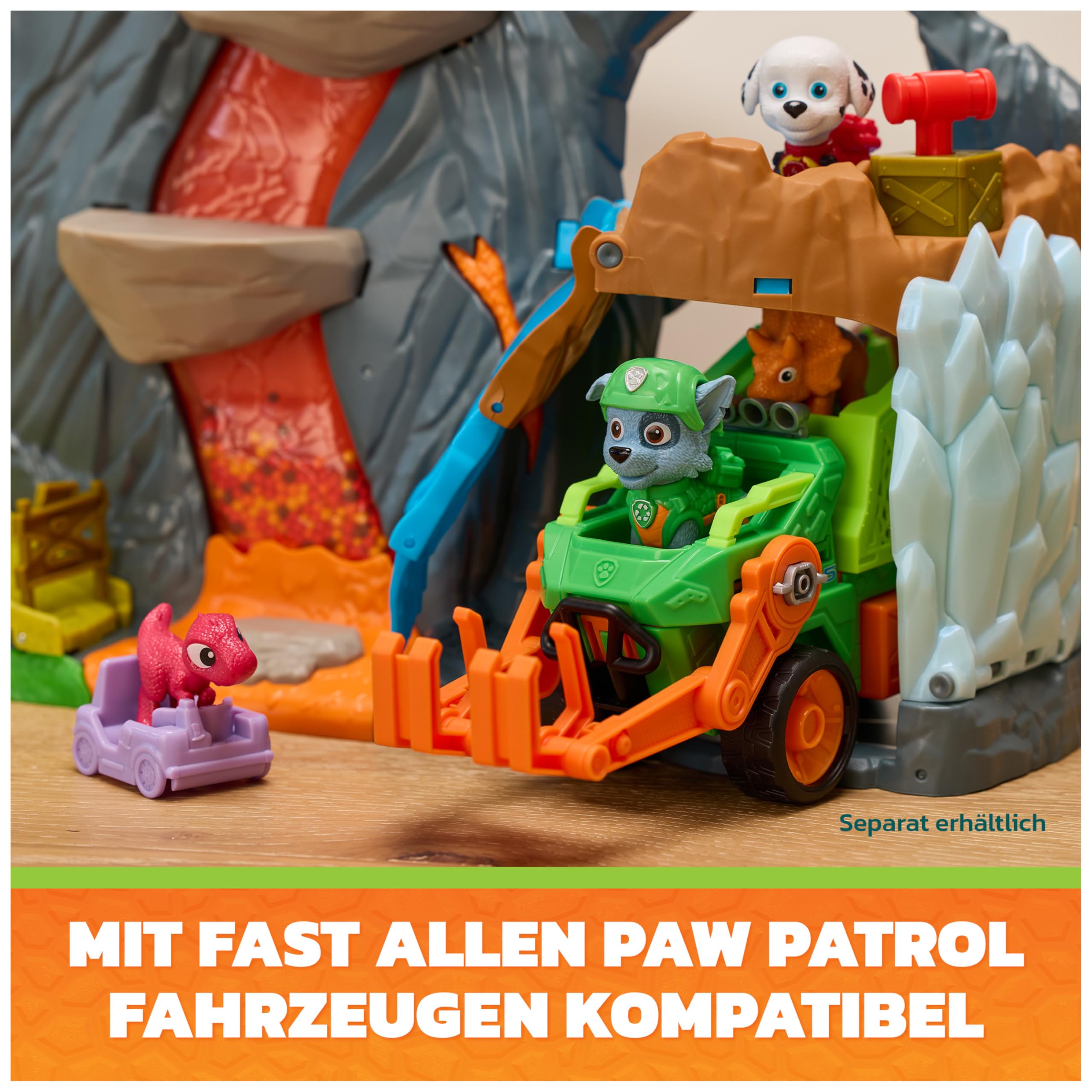 PAW PATROL: Der Dino Film Super-Lava-Blast Vulkan-Spielset, ab 3 Jahren | 360° bespielbar | Marshall- & Rhabarber-Figur | Licht & Sound | Multisensorisches Spiel | Vulkan-Ausbruch-Simulation