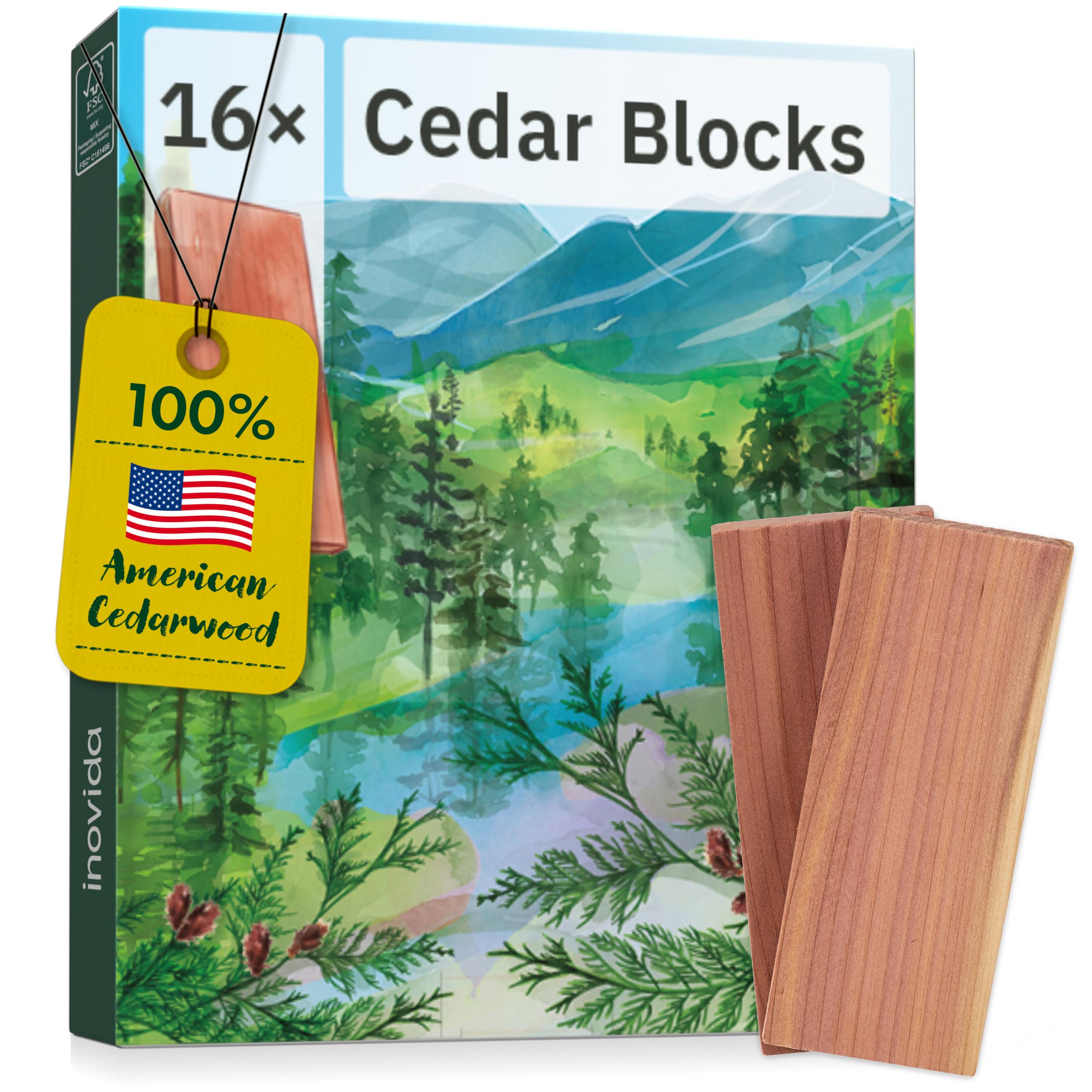16 American Cedar Wood Blocks – Stop Clothes Damage - Wardrobe Freshener – Premium American Cedarwood Flowers for Fresh Scent in Drawers and Closets - Inovida