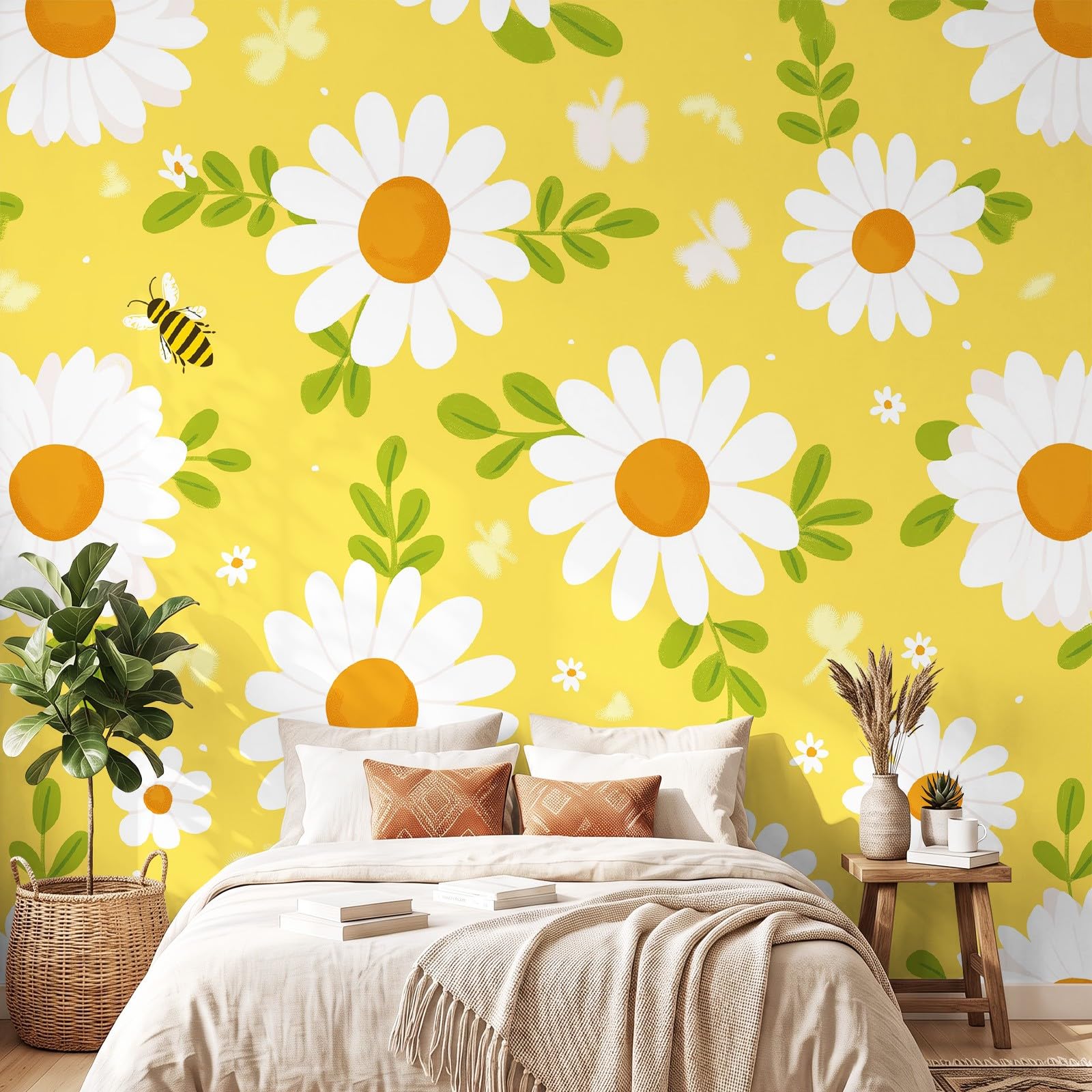 Tapeta na flizelinie, tapeta ścienna, stokrotki, zielone liście, ciepła żółta, fototapeta z motywem 200 x 140 cm, obraz ścienny, dekoracja do pokoju dziecięcego, jadalni, na ścianę, dziecięca, wesoła