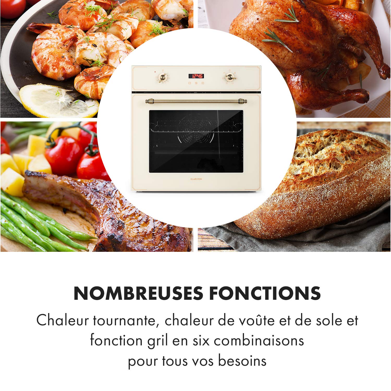 KLARSTEIN Elizabeth - Four électrique encastrable, style rétro, 70L, CEE A, indépendant, convection/chaleur voûte/sole/gril, 2200W, 50-250 °C, bouton rotatif et poignée aspect laiton - crème