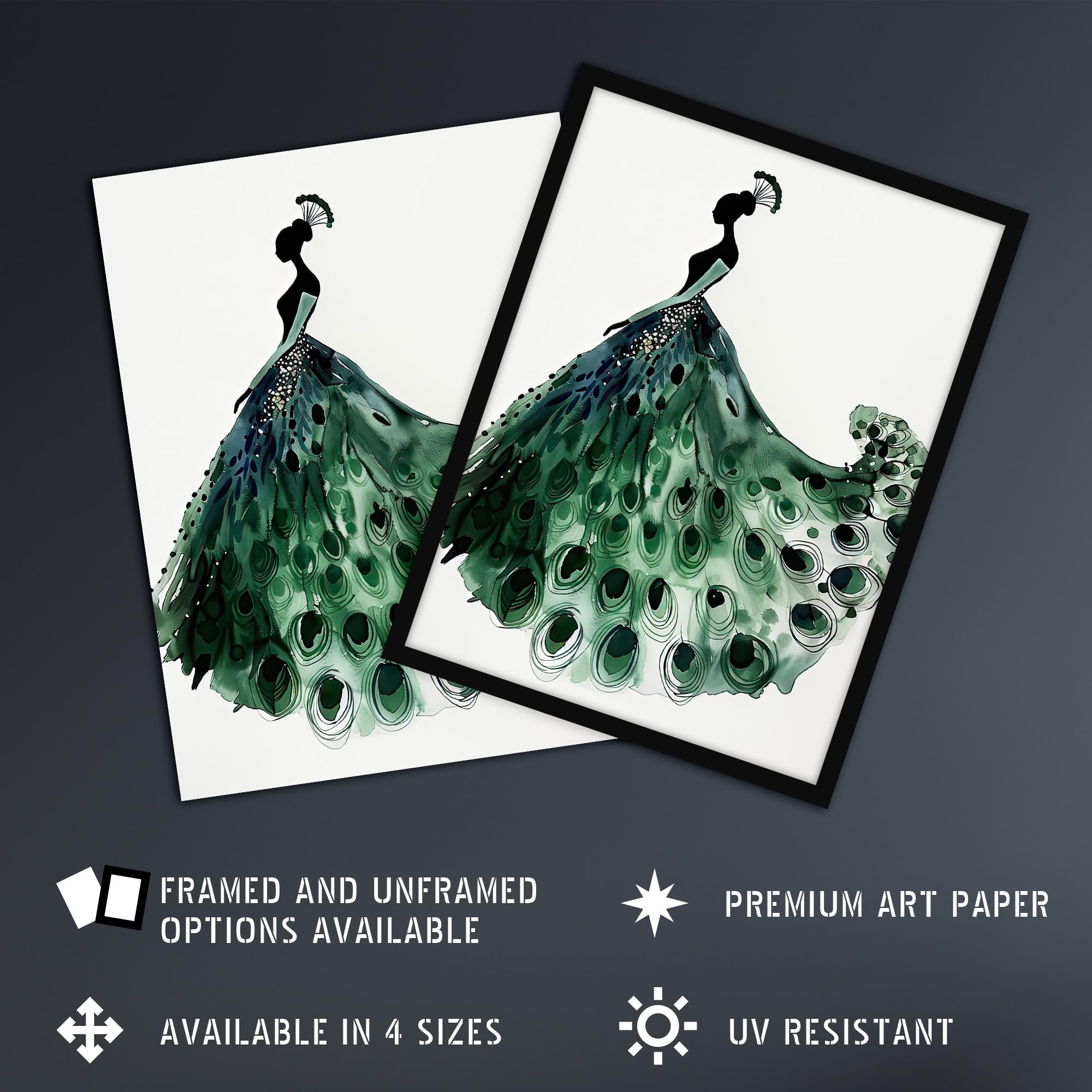 Artery8 Glamorous Peacock Fashion Dress Silhouette Living Room Extra Large XL Wall Art Poster Print, Unframed 24X32", 81L x 61W cm - Image 2