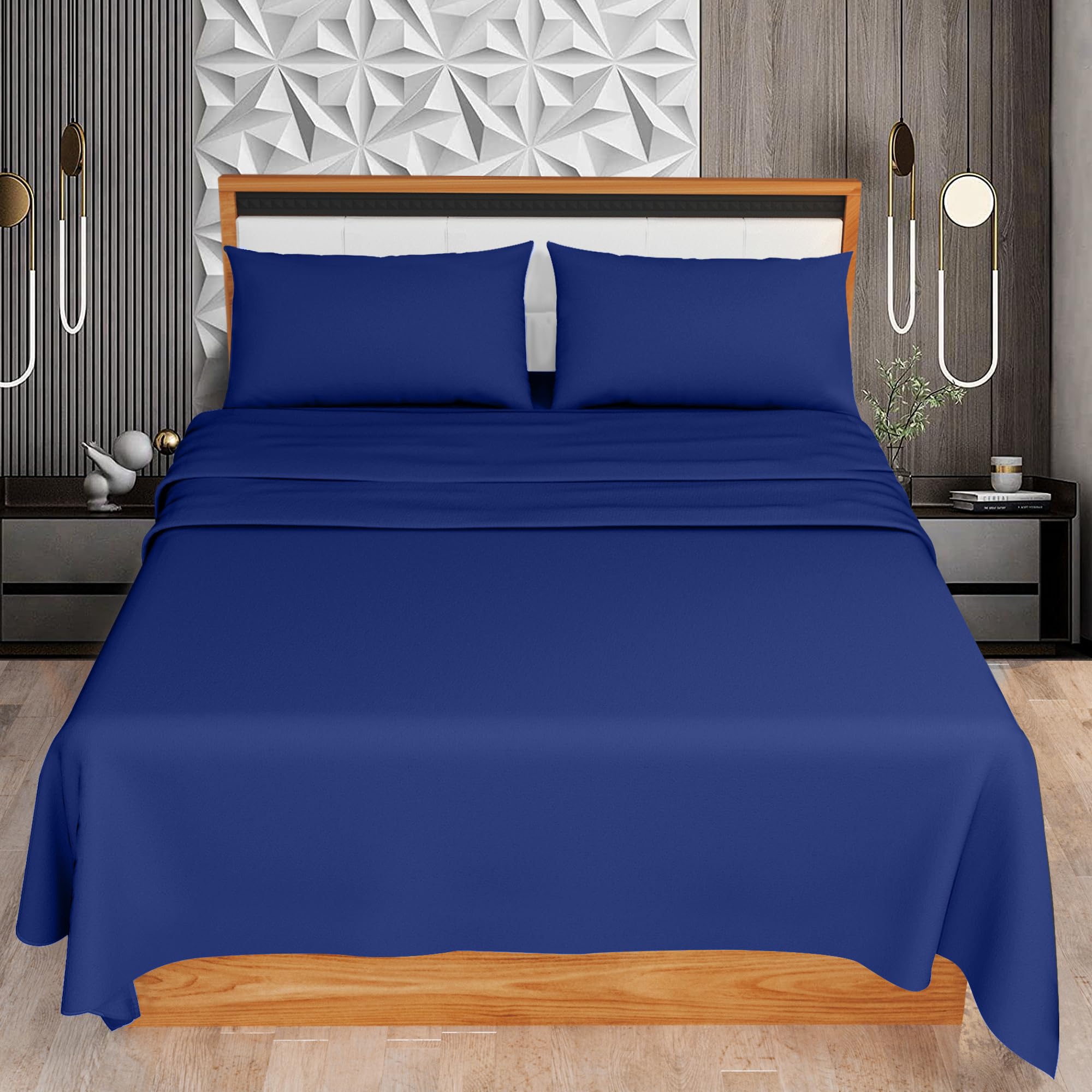 KOHSAR Royal Blue Single 3-Piece Sheet Set - Flat + Fitted Sheets + Pillowcase - Easy Iron, Poly-Cotton