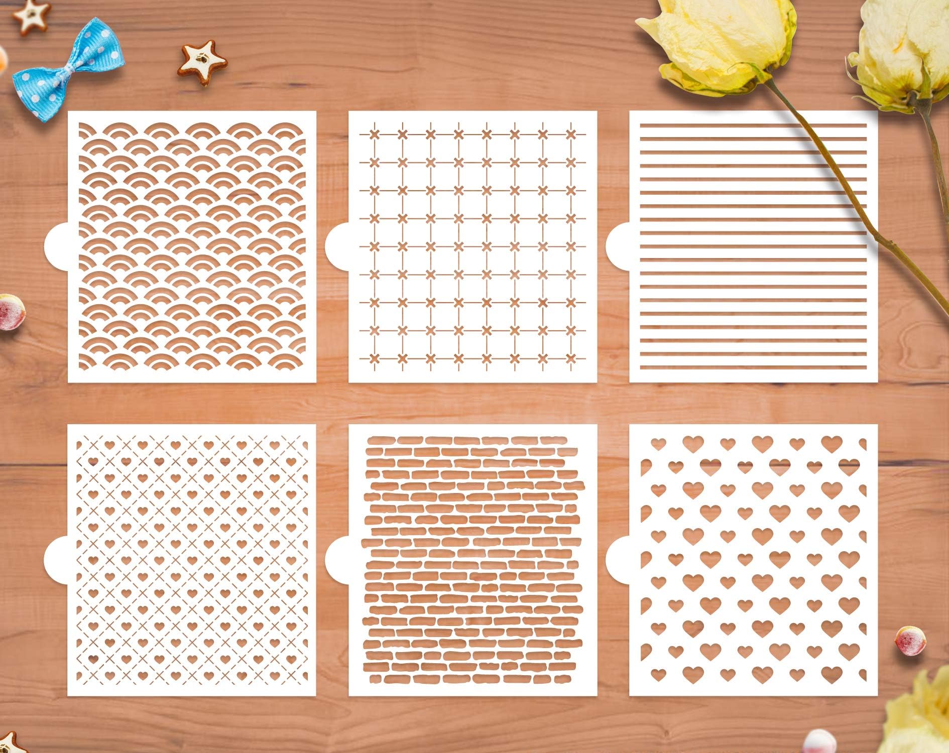 GSS Designs Cookie Stencil 6 Pack, Food Safe Baking Stencil Templates for Decorating & Baking, Bricks, Waves, Hearts, Ruler (SL-058)