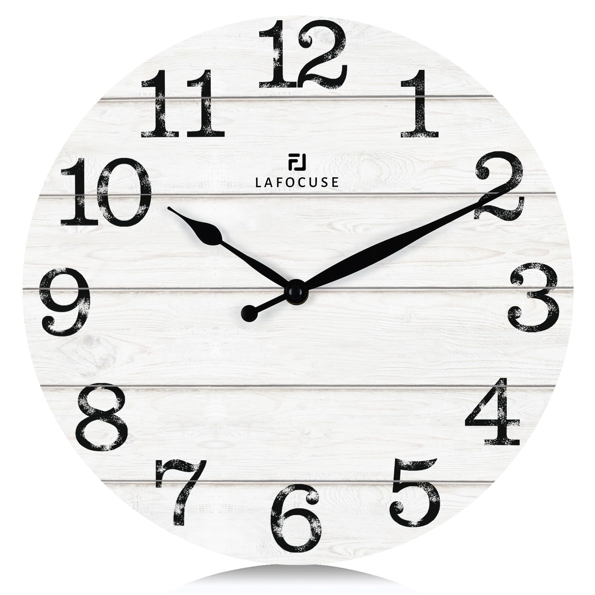 Lafocuse 12 Inch Silent Wooden White Wall Clock Farmhouse Rustic Battery Operated, Shabby Chic Distressed Kitchen Clock Decorative for Living Room Bedroom Office-Version 2.0