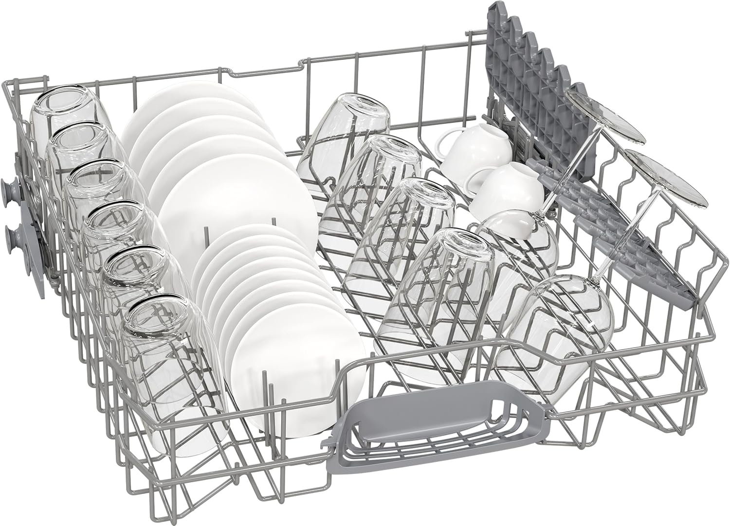 Lower basket of a dishwasher filled with plates, a pot, and a cutlery basket, demonstrating efficient loading.