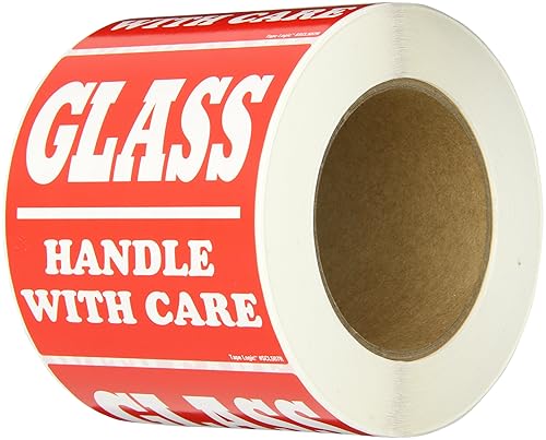 Cinta Logic scl507r envío y manipulación etiqueta, Leyenda "Cristal – Manejar con cuidado," 4" longitud x 3" ancho, blanco sobre rojo (rollo de 500)