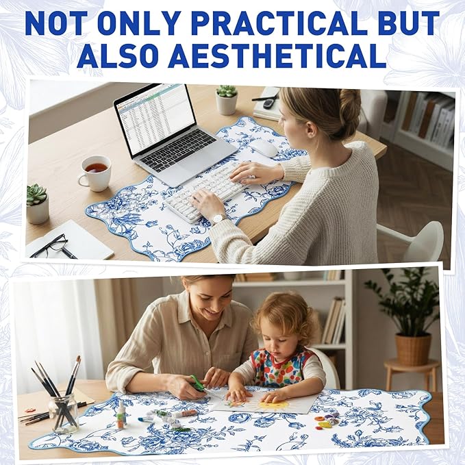 Kingdder Scalloped Desk Mat Large Blue and White Floral Chinoiserie Mouse Pad 31.5" x 15.7" miniatura 7