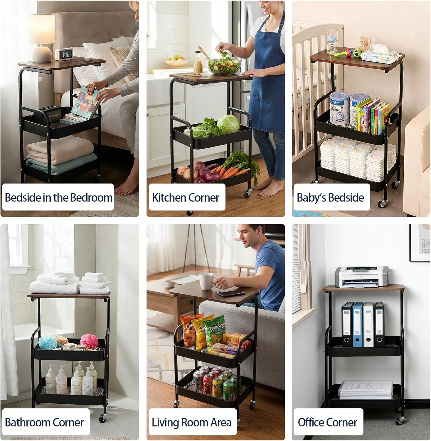 3-Tier Metal Rolling Cart with Walnut-Textured Table Top, Utility Cart with Wheels for Bedside, Living Room, Kitchen, Office & Bathroom Storage