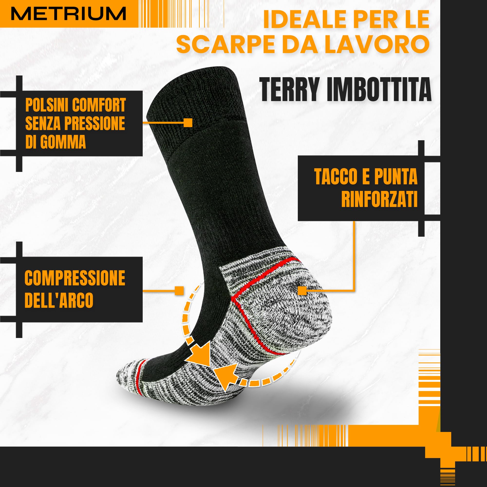 Metrium 10 paia Calze da lavoro lunghe di cotone, resistenti con punta e tallone rinforzati, calze da uomo in spugna. Calze Frottee, Unisex.