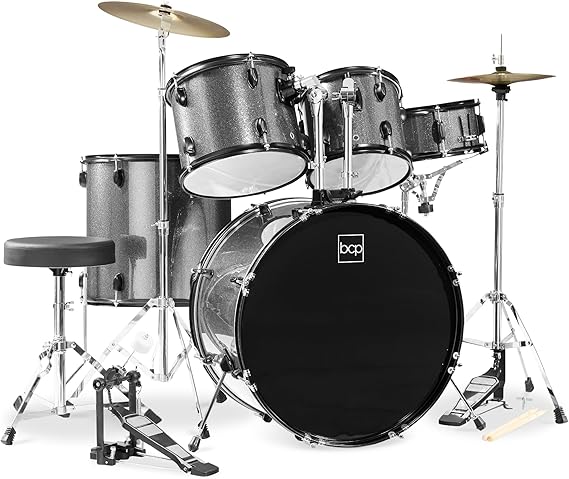 Best Choice Products 5-Piece Full Size Complete Adult Drum Set w/Cymbal Stands, Stool, Drum Pedal, Sticks, Floor Tom - Silver Sparkle
