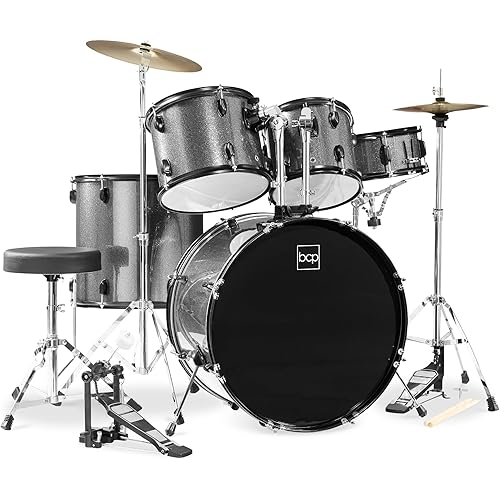 Best Choice Products 5-Piece Full Size Complete Adult Drum Set w/Cymbal Stands, Stool, Drum Pedal, Sticks, Floor Tom - Silver Sparkle
