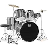 5-Piece Full Size Complete Adult Drum Set w/Cymbal Stands, Stool, Drum Pedal, Sticks, Floor Tom - Silver Sparkle