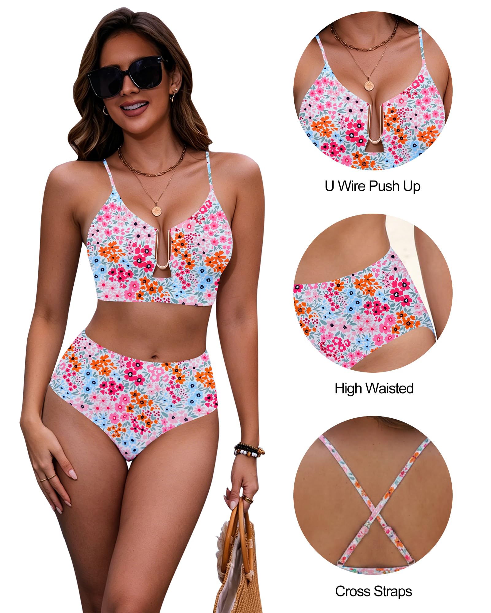 HORISUN Bikini da donna a vita alta, due pezzi, con spalline regolabili, chiusura in metallo a U, push up, snellente sulla pancia, costume da bagno per vacanze in spiaggia e piscina