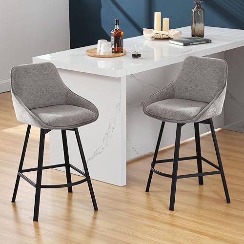 Flouki Juego de 2 taburetes giratorios para mostrador, taburetes de bar grises para isla de cocina, sillas de bar modernas de tela de lino, base de
