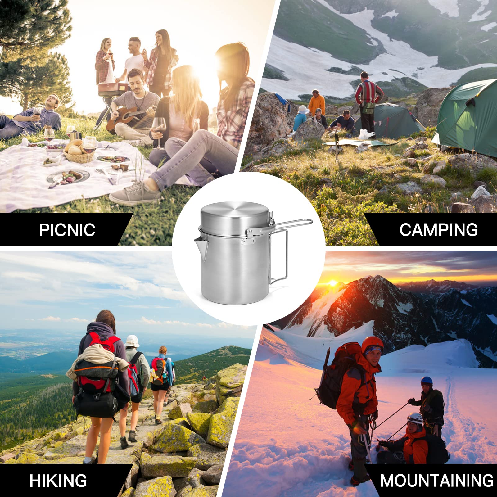 Lixada Taza de Agua de Acero Inoxidable con Asas Plegables y Tapa para Acampar Senderismo mochilero al Aire Libre