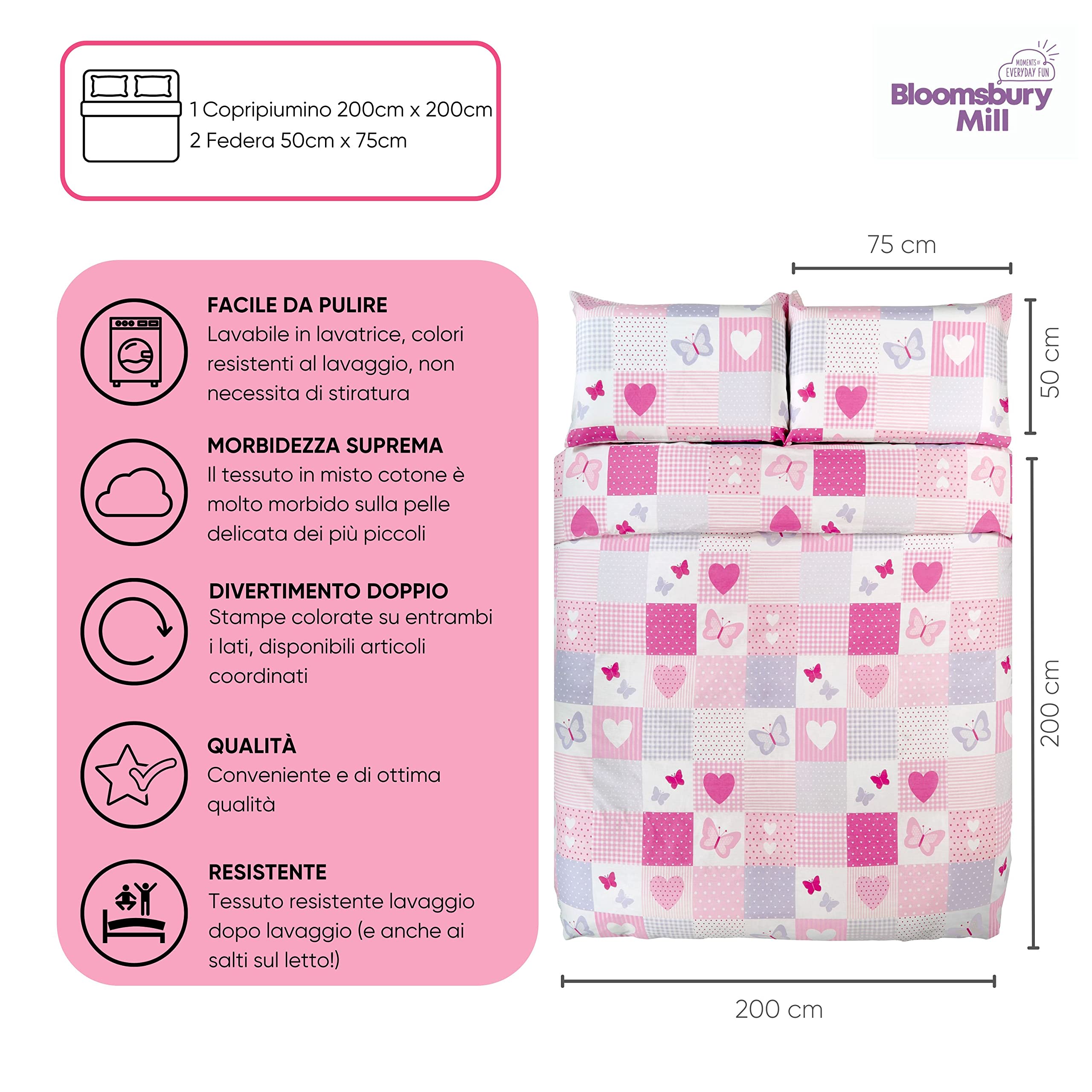 Bloomsbury Mill - Set Copripiumino Piazza e Mezza - Rosa Cuori e Farfalle - Lenzuola Letto Reversibile Per Ragazee - Set Di Biancheria Da Letto Per Bambini -Viola - 200 x 200cm e 2 Federe