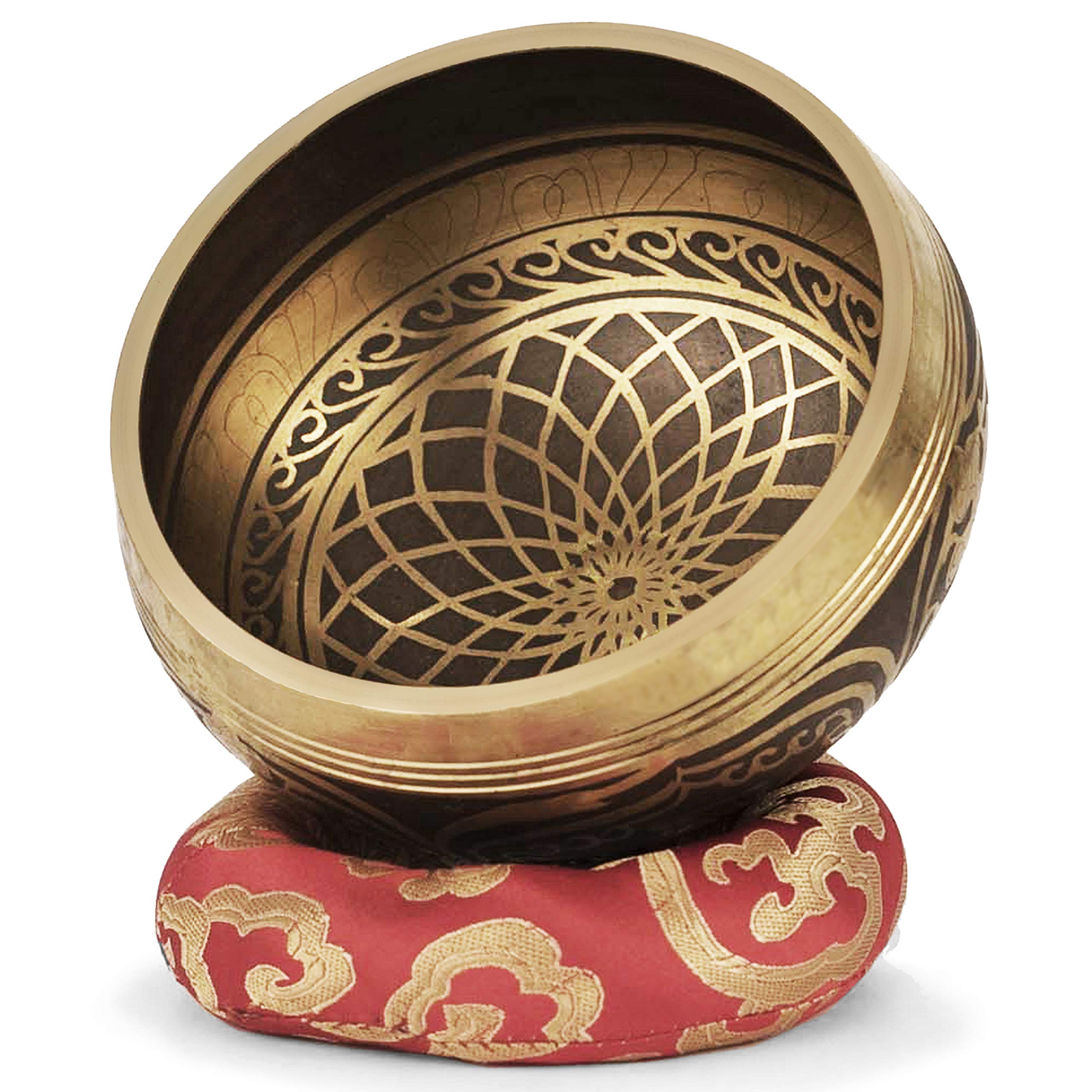 Campana Tibetana con 7 metalli ~ incisa, Ø13cm. Originale del Nepal. Fatta a mano. Set: cuscino di seta e battente con Buddha scolpito a mano. Per Meditazione, Chakra e Terapia del Suono